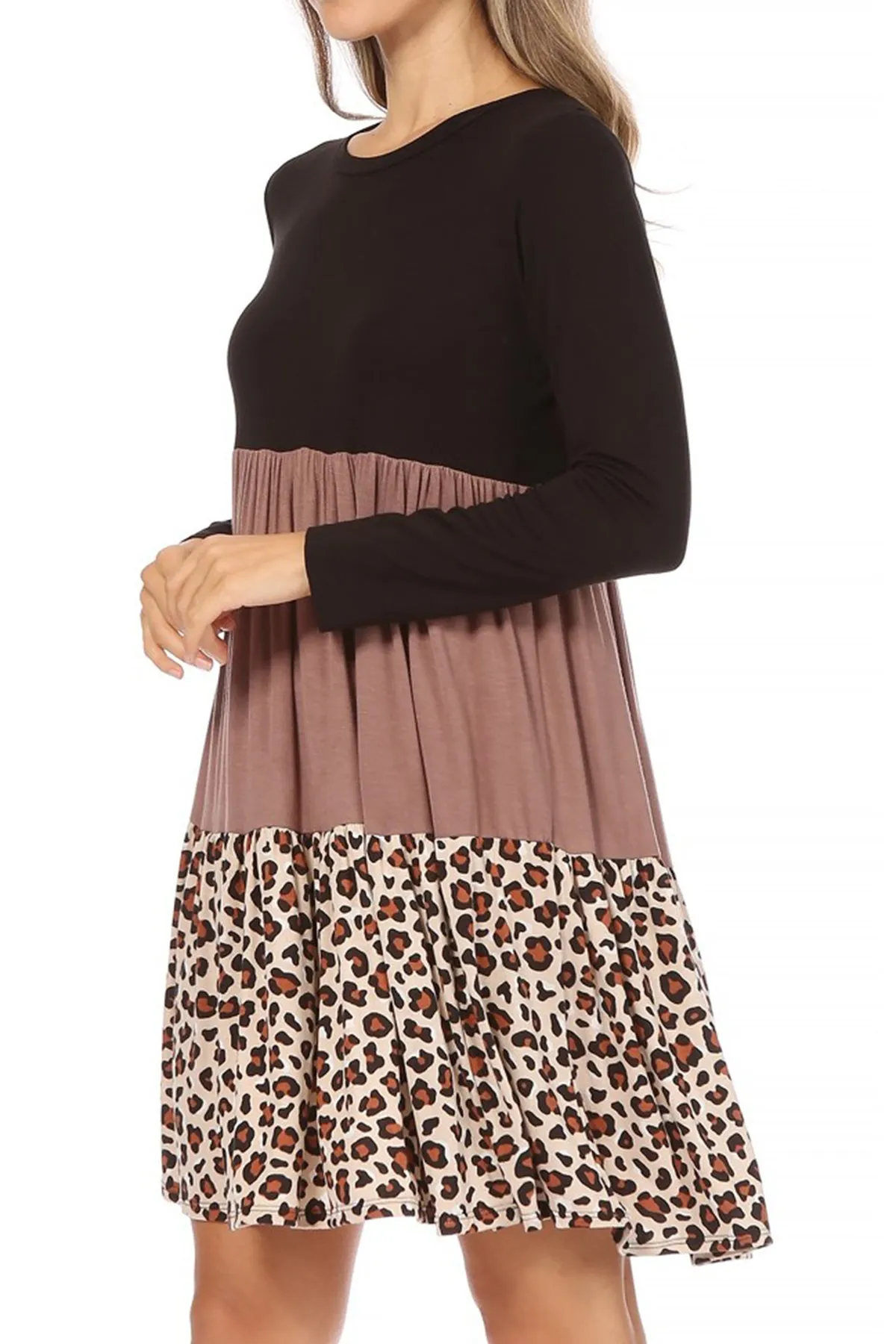 Women's Babydoll Long Sleeve Ruffle Color Block Casual Loose Swing Dress
