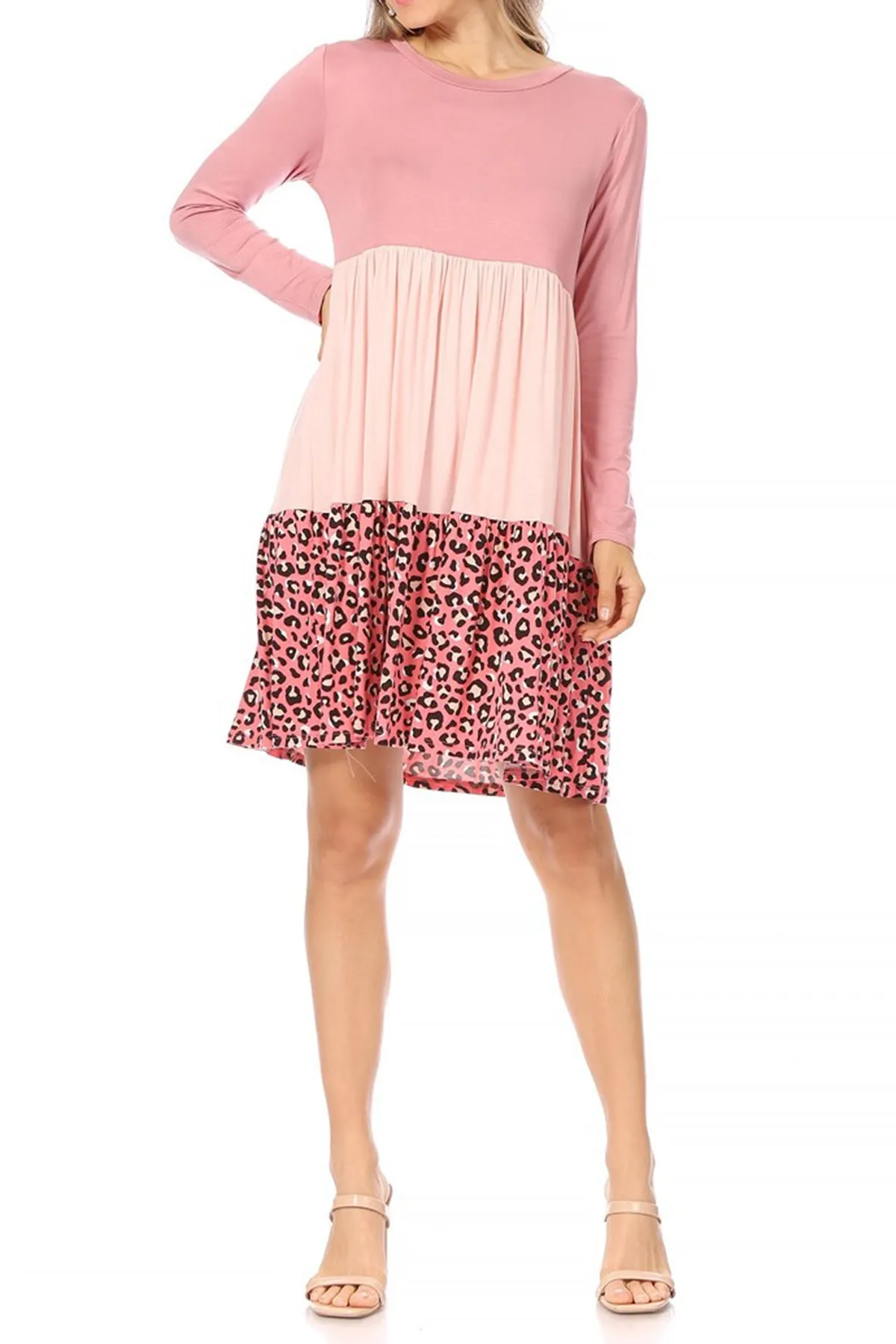 Women's Babydoll Long Sleeve Ruffle Color Block Casual Loose Swing Dress