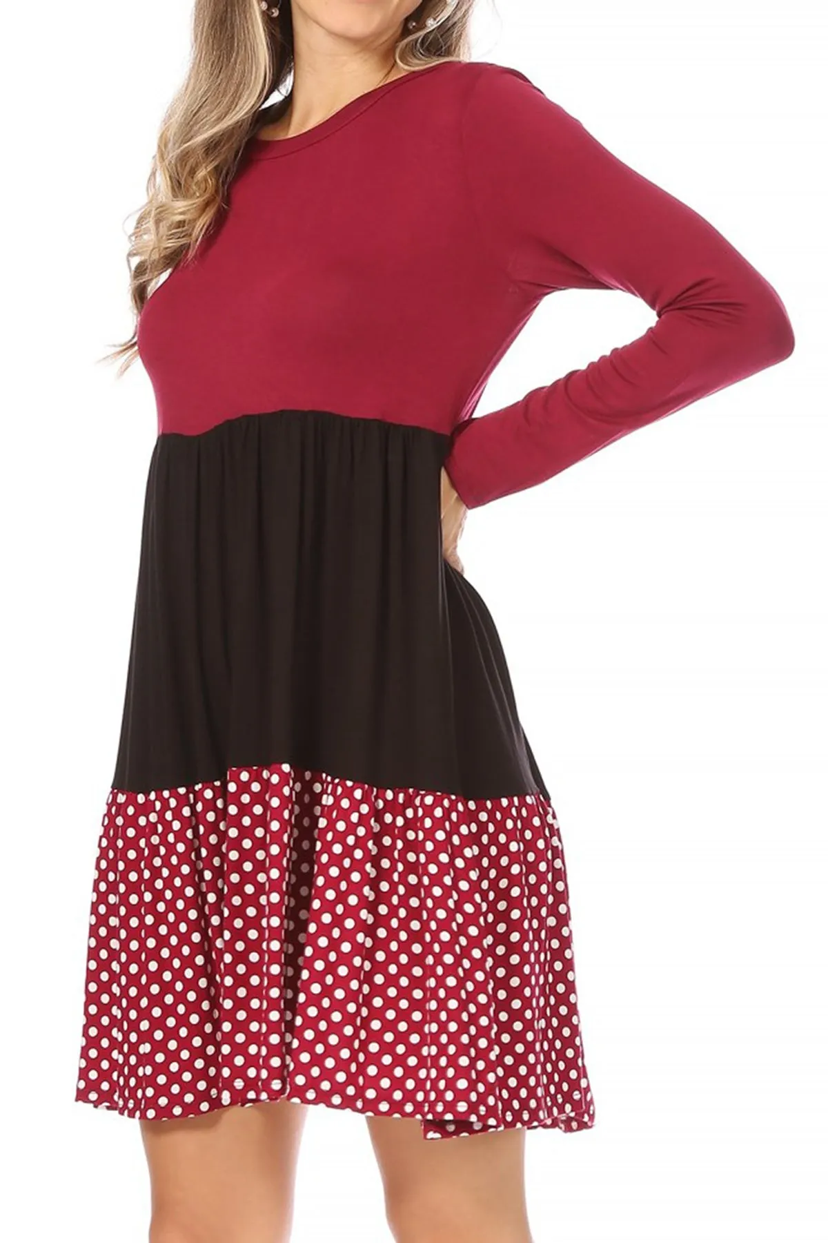 Women's Babydoll Long Sleeve Ruffle Color Block Casual Loose Swing Dress