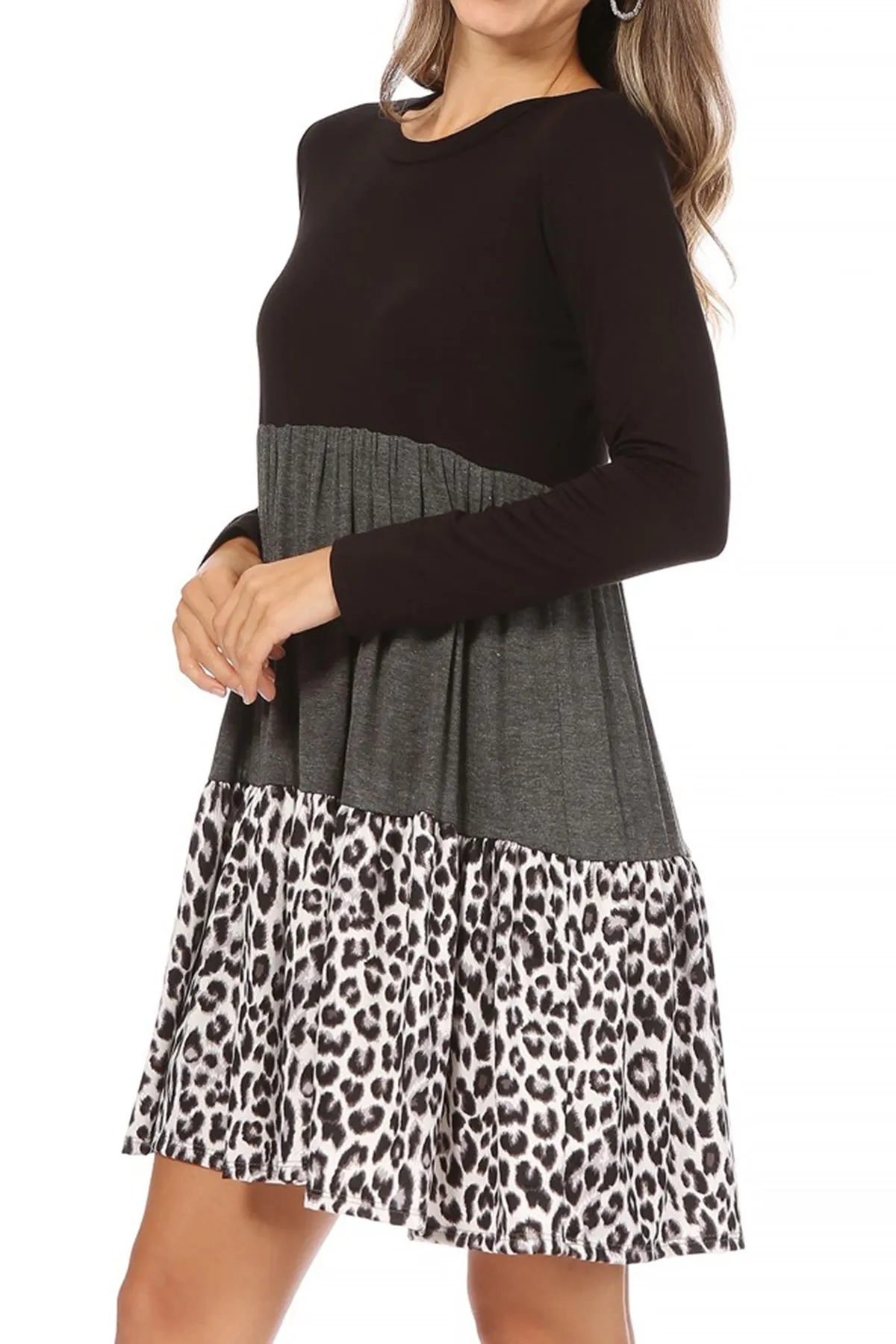 Women's Babydoll Long Sleeve Ruffle Color Block Casual Loose Swing Dress