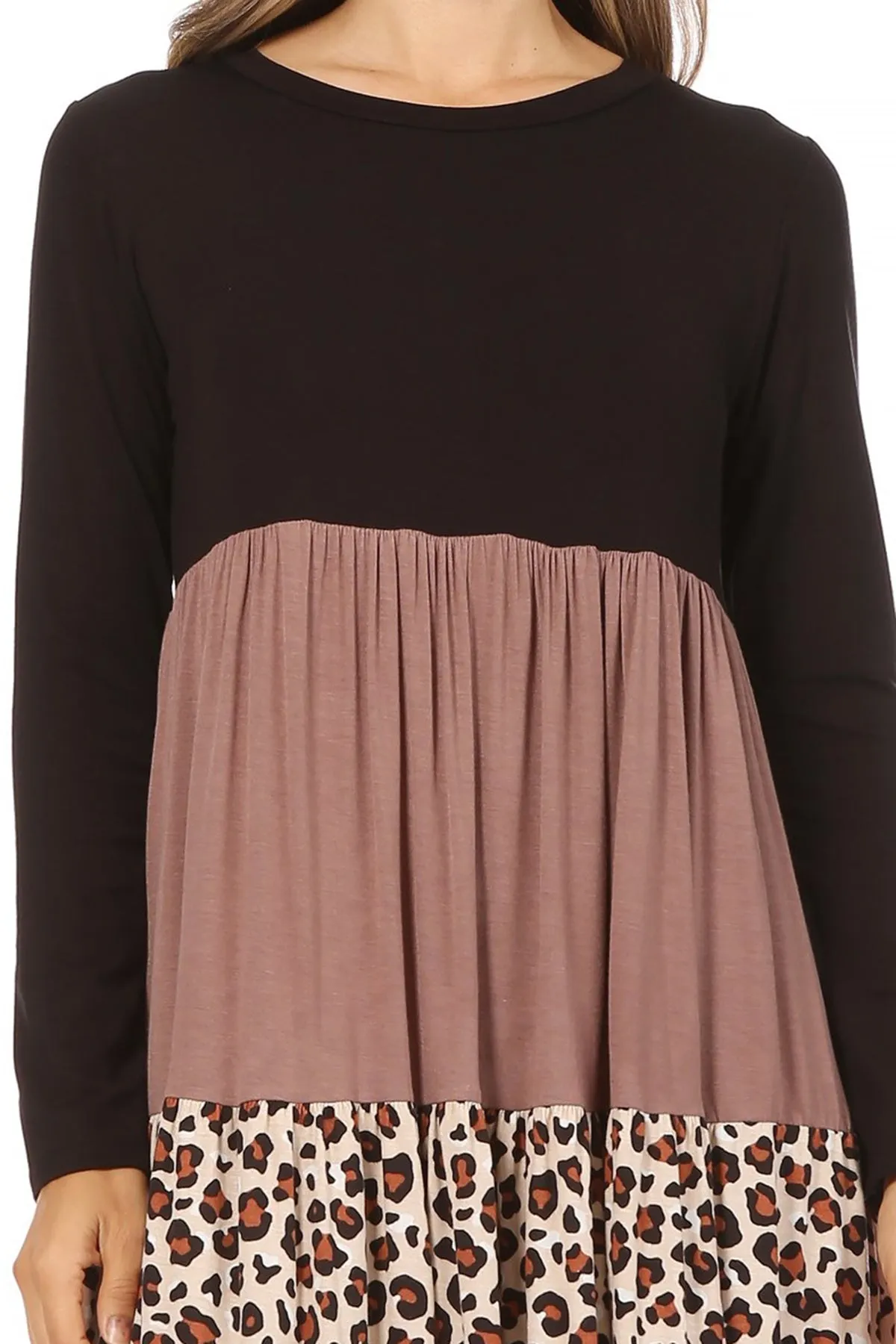 Women's Babydoll Long Sleeve Ruffle Color Block Casual Loose Swing Dress