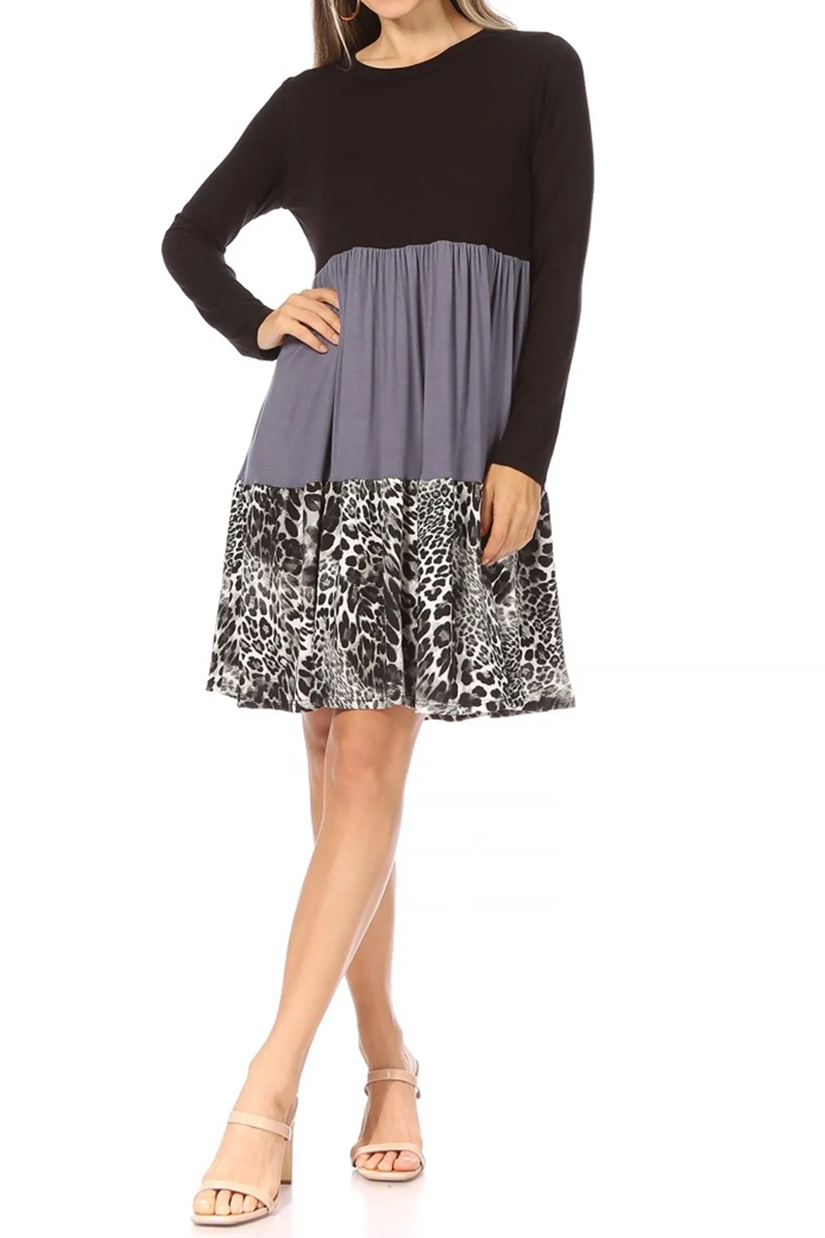 Women's Babydoll Long Sleeve Ruffle Color Block Casual Loose Swing Dress