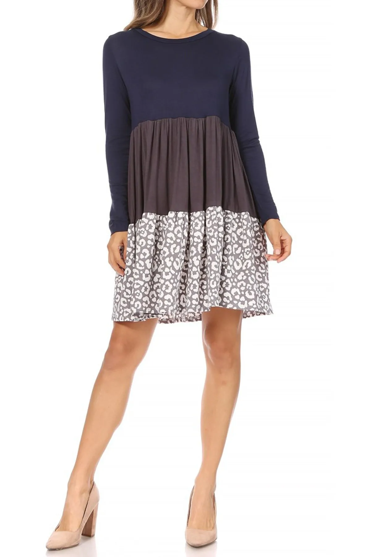 Women's Babydoll Long Sleeve Ruffle Color Block Casual Loose Swing Dress