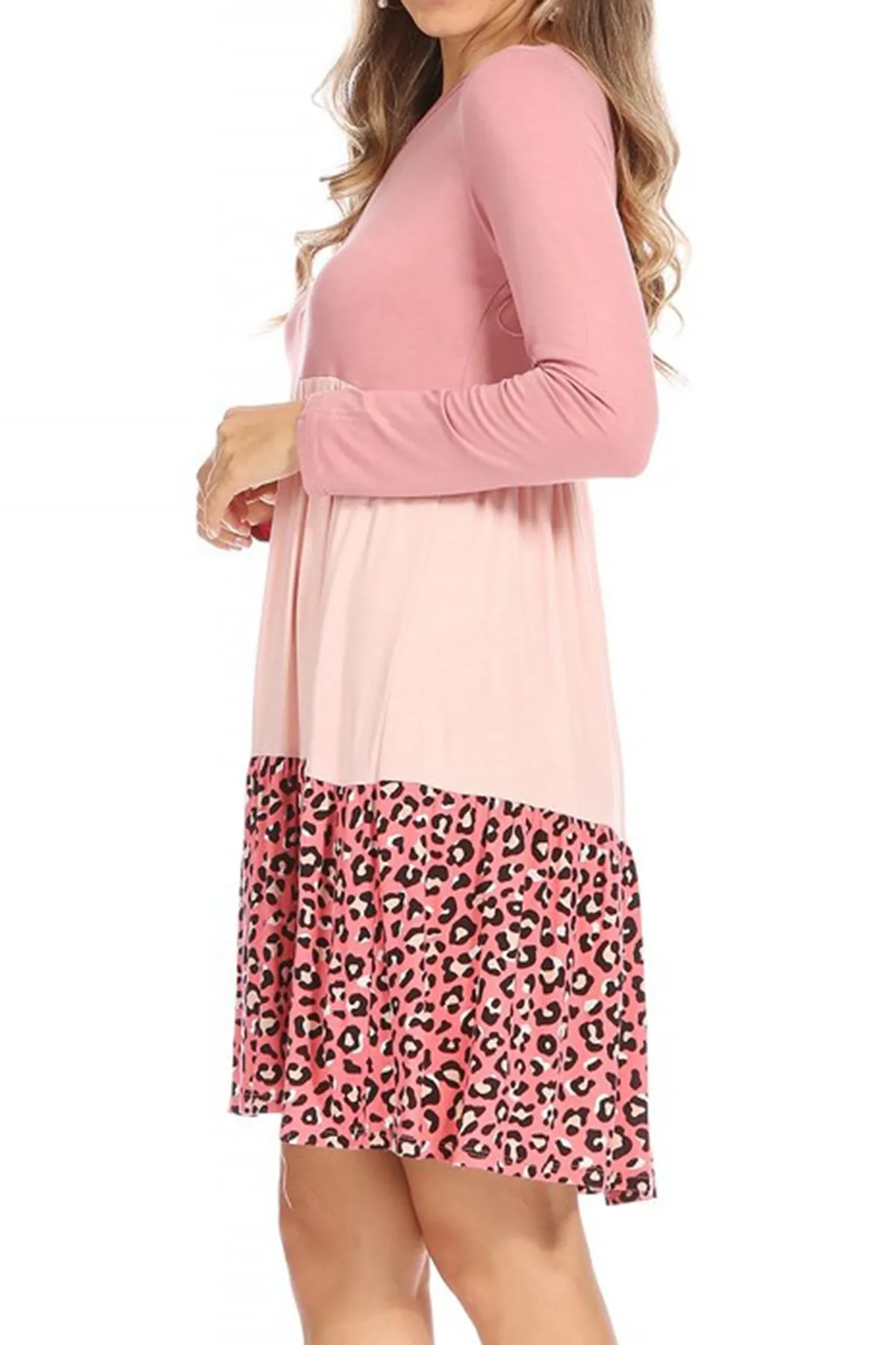 Women's Babydoll Long Sleeve Ruffle Color Block Casual Loose Swing Dress
