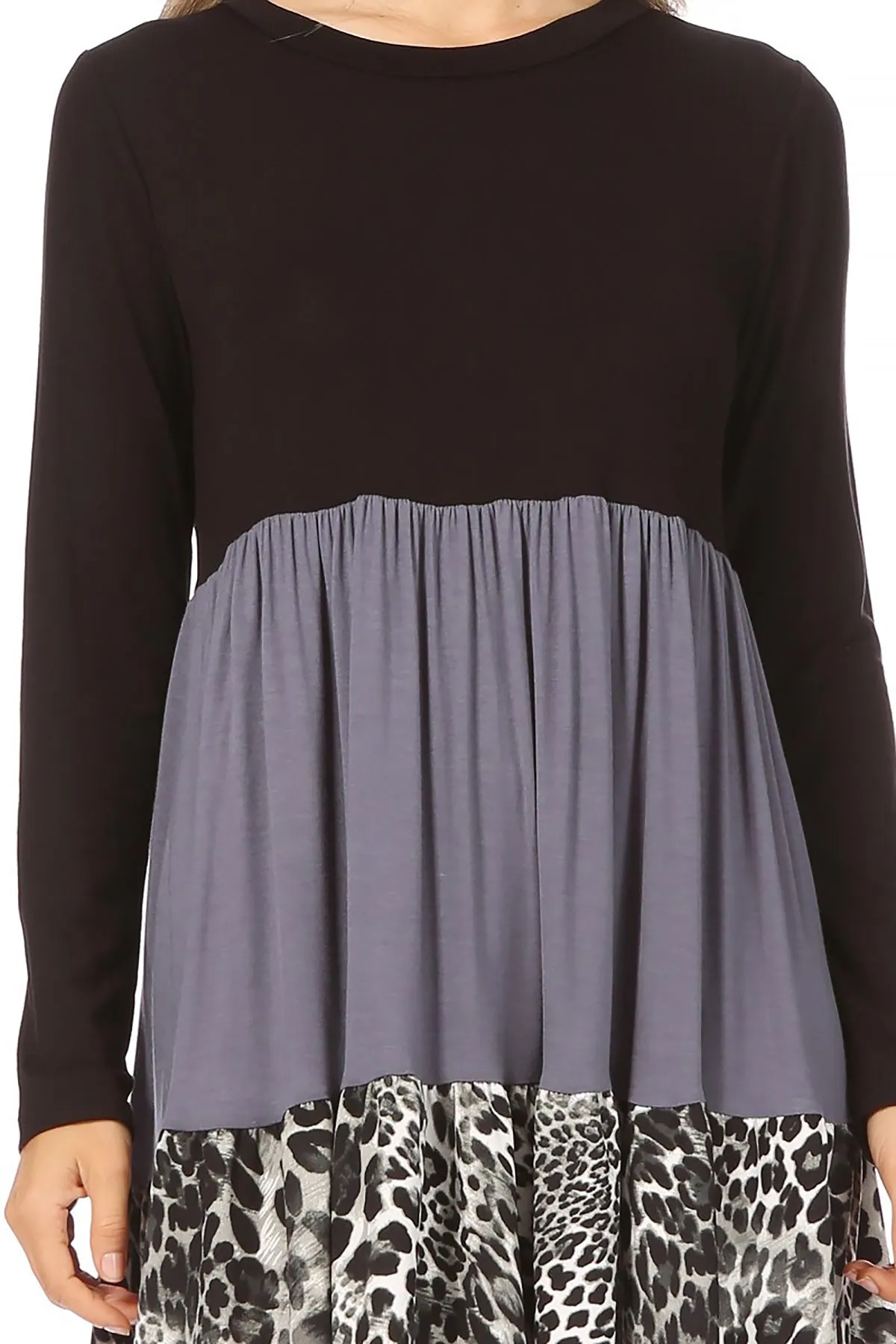 Women's Babydoll Long Sleeve Ruffle Color Block Casual Loose Swing Dress