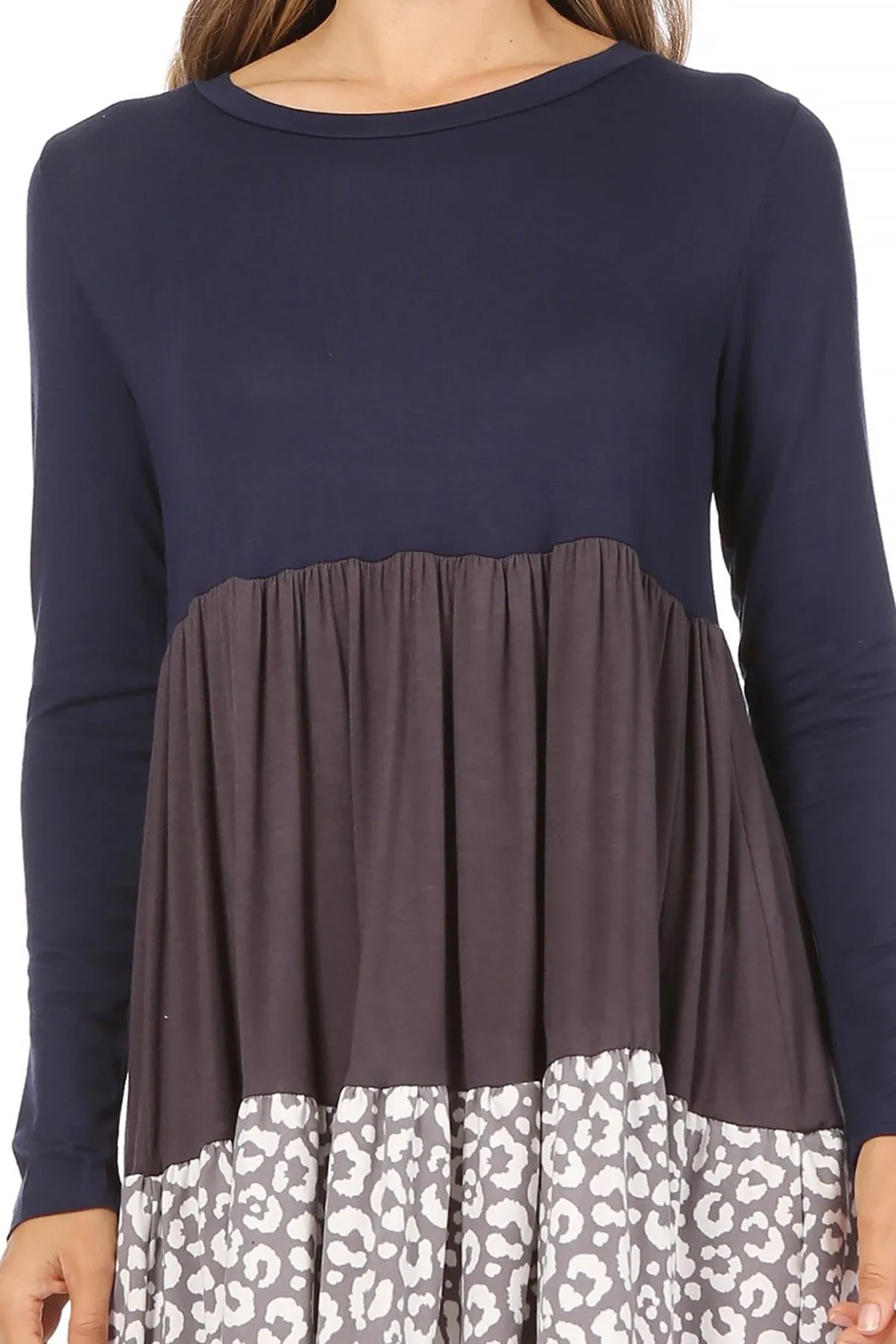 Women's Babydoll Long Sleeve Ruffle Color Block Casual Loose Swing Dress
